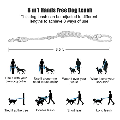 Hands Free 8.5ft Nylon Double Dog Leash with Reflective Stitching, Adjustable Waist Fits All for Medium Large Dogs - Blue - color: Blue