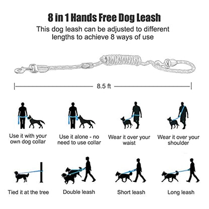 Hands Free 8.5ft Nylon Double Dog Leash with Reflective Stitching, Adjustable Waist Fits All for Medium Large Dogs - Blue - color: Blue