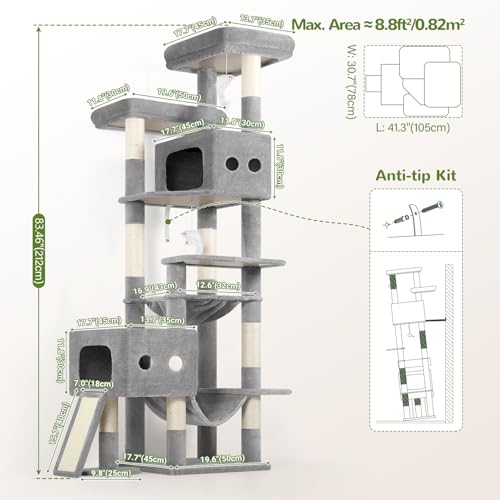 Globlazer Multi-Level Extra Large Tall Cat Tower 83 inch Sturdy Heavy Duty Cat Tree for Indoor Large Adult Cats Kittens with 2 Cat Condo, 8 Scratching Post, 2 Hammock, S83G, Light Grey - color: Light Grey