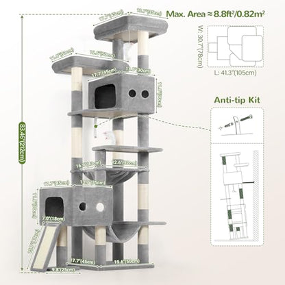 Globlazer Multi-Level Extra Large Tall Cat Tower 83 inch Sturdy Heavy Duty Cat Tree for Indoor Large Adult Cats Kittens with 2 Cat Condo, 8 Scratching Post, 2 Hammock, S83G, Light Grey - color: Light Grey
