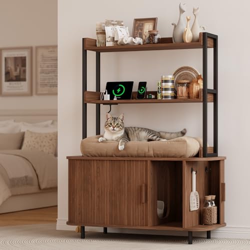 ONBRILL 54 Inch Hidden Litter Box Furniture with Shelves and Outlets,Fluted Cat Litter Box Enclosure, Mid-Century Modern Wooden Cat House with Sliding Tambour Door and Hooks, Walnut - color: Walnut