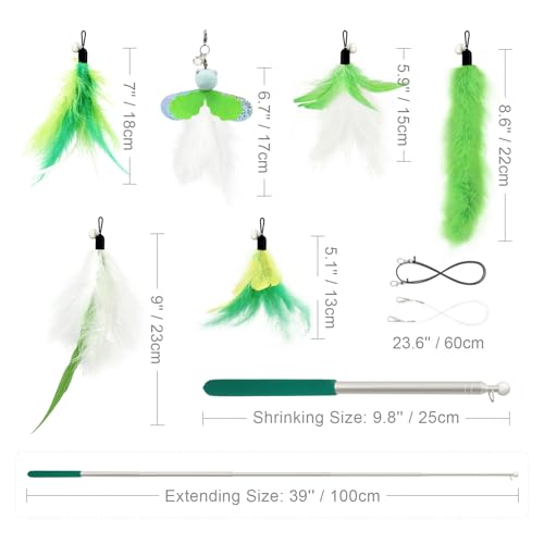 Cat Feather Toys Wand - 7 Pcs Interactive Cat Toys for Indoor Cats Kittens, Retractable Cat Wand with 6 Feather Teaser Refills with Bell, Cats Fishing Pole Toy, Green - color: Green
