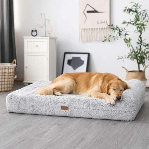 KOPEKS Orthopedic Memory Foam Dog Bed 7" Inch Thick Extra Large Dog Bed with Pillow Fluffy Grey 50"x34"x10" Includes Waterproof Liner & Durable Removable Cover with Smart Design - color: Grey - Fluffy