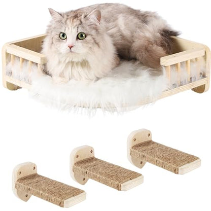 Cat Wall Shelves with 3 Steps Scratch Post, Climbing Shelf and Hammock for Indoor Cats (Wood)