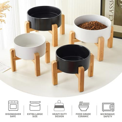 6'' Ceramic Raised Dog Bowl - 30Oz Dog Food & Water Bowl with Elevated Non-Slip Bamboo Stand, Dishwasher & Microwave Safe, Anti Vomiting Heavy Duty Pet Bowl for Small and Medium Dogs, White - color: 1 x Bowl + Stand - White, size: 6 inch