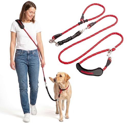 SparklyPets - Bungee Rope Handsfree Leash for 1 Dog - Demovable Slip Lead - Waist or Hip Belt Leash for Dog Walking, Running, Carnicross - Medium & Large Breeds - color: Red