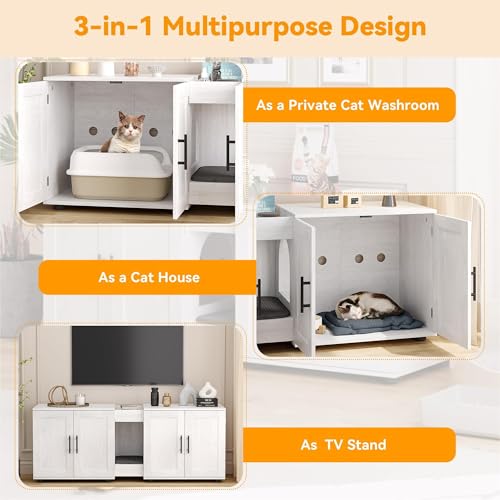Garvee Cat Litter Box Enclosure for 2 Cats, 55" Hiddden Litter Box Enclosure Furniture 3-in-1 Wooden Litter Cabinet with Barn Door & Double Rooms for Bedroom Living Room,White - color: White