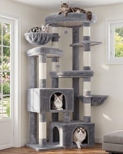 Hey-brother Cat Tree, 67.3 Inches Tower with 3 Soft Platform Beds, 2 Large Condos, 9 Sisal Scratching Posts, 2 Hammocks and Toys, Multi-Level Step House for Multiple Indoor Kittens, Light Gray MPJ084W - color: Light Gray