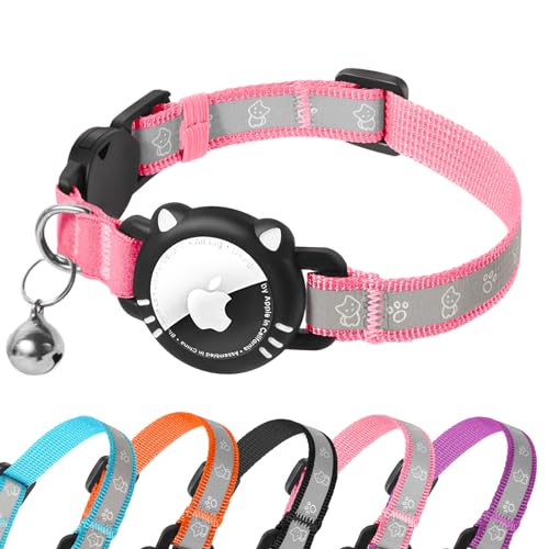 Airtag Cat Collar, Reflective Cat Collar with Apple Air Tag Holder, Breakaway GPS Tracker Pet Collar with Bell for Cat Kitten, Airtag Not Included, Pink, XS(7-9 Inch) - color: Pink, size: XS (7-9 Inch)