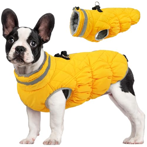 FUAMEY Dog Coat for Small Dogs,Waterproof Dog Winter Jacket with Harness Built in Puppy Cold Weather Coats Reflective Pet Vest with Zipper Warm Fleece Dogs Snowsuit Windproof Yellow XS - color: Yellow, size: XS(chest:14in)