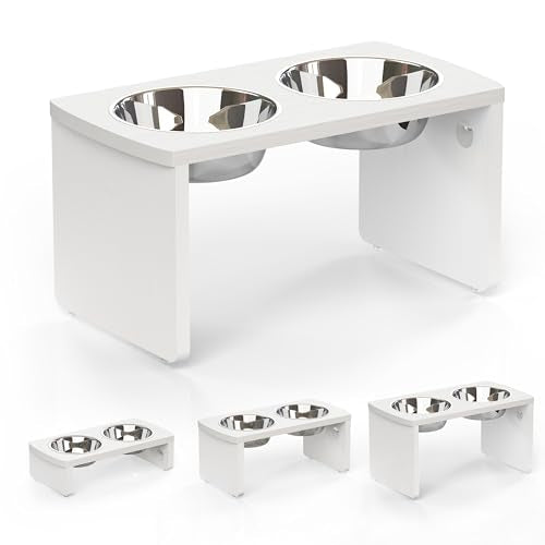 Elevated Dog Bowls, Waterproof Raised Dog Bowl for Medium & Large Dogs, HIPS Poly Lumber Stand with 2 Stainless Steel Bowls, Indoor & Outdoor Use (10'' Tall–48 oz Bowl, White) - color: White, size: Large: 10'' Tall-48oz Bowl