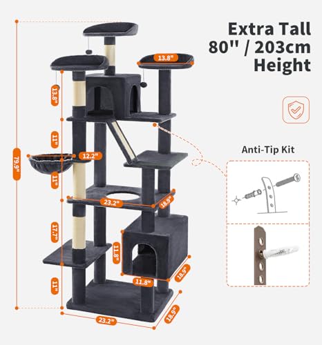 Made4Pets Tall Cat Tree, 80" Cat Tree Tower for Indoor Cats Large Adult, Modern Cat Tower with Scratching Post, Cozy Hammock, 3 Perches and 2 Condos, Sturdy and Fluffy, Dark Gray - color: Dark Gray