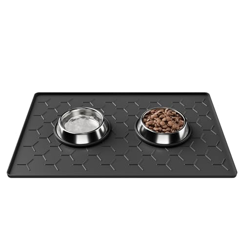 Pieviev 24''x16'' Dog Cat Food Bowl Mat, Silicone Waterproof Food Grade Pet Food Mat for Floor, High Raised Edge to Prevent Spills, Non-Slip & Easy Clean Pet Placemat for Dog & Cat Bowls, Black - color: Black, size: M-24''X16''