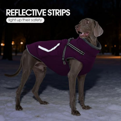 FUAMEY Fleece Lined Dog Coat, Warm Dogs Jacket with Harness, Pop Bag Pockets, Extra Large Doggy Thermal Vest Back Zipper Winter Suit, Snow Cold Weather Outfits, Weimaraner (Violet, 2XL) - color: Bright Violet, size: XX-Large