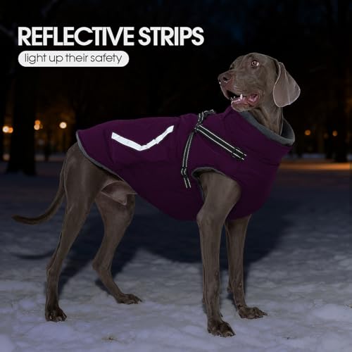 FUAMEY Reflective Dog Winter Coat, Fleece Lined Jacket for Large Dogs Back Zipper, Turtleneck Cozy Doggy Vest Thermal Clothes with Harness, Cold Weather Snow Outfits, Great Dane (Violet, 3XL) - color: Bright Violet, size: XXX-Large