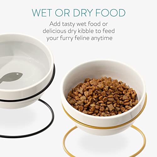 Navaris Tilted Pet Bowls with Stand (Set of 2) - Elevated Ceramic Cat Food Bowl Set for Cats and Small Dogs with Metal Wire Stands - Black and Gold