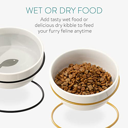 Navaris Tilted Pet Bowls with Stand (Set of 2) - Elevated Ceramic Cat Food Bowl Set for Cats and Small Dogs with Metal Wire Stands - Black and Gold