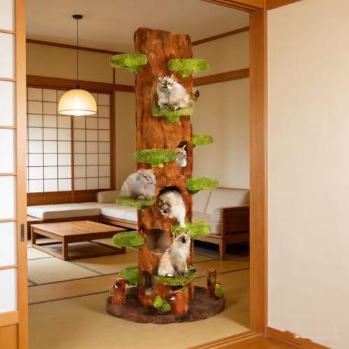 KAMABOKO 91" Tall Cat Tree for Indoor Cats - Large Cat Tower with 6 Luxury Cat Condo, Soft Cushion, Scratching Board, Plush Platform & Top Perch, Magic Forest Series, Green - size: 91"h