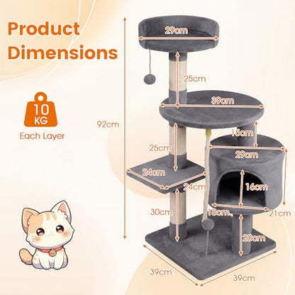 PETSITE 36-inch Multi-Level Cat Tree, with Sisal Scratching Posts, Comfy Top Perch, Cozy Condo, Playful Sisal Rope and Spring Ball, and Dangling Ball, Ideal for Indoor Cats and Kittens (Grey) - color: Grey