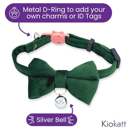 Velvet Bowtie Cat Collar with Bell – Adjustable Breakaway Green Cat Collar for Adult Cats (7–11 in) - color: Green