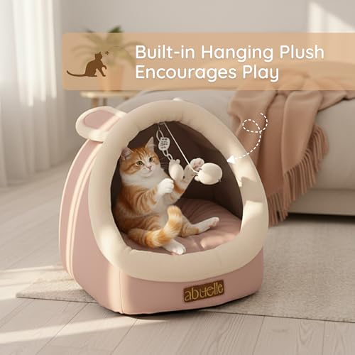 Cat Bed Cave with Hanging Plush – Covered Pet House Tent, Cat Caves for Indoor Cats and Kittens, Soft, Foldable & Cozy Hideaway Hut - Dome Shaped Igloo Bed with Washable Cushion (Large) - size: Large