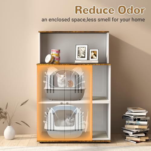 Yafylly Double Litter Box Enclosure for 2 Litter Boxes, 2 Cat Litter Box Furniture Hidden with Scratch Mat, Cat Litter Cabinet with Storage for Indoor Cats Large, Side Table, Fit Most of Litter Box - style: With Shelf
