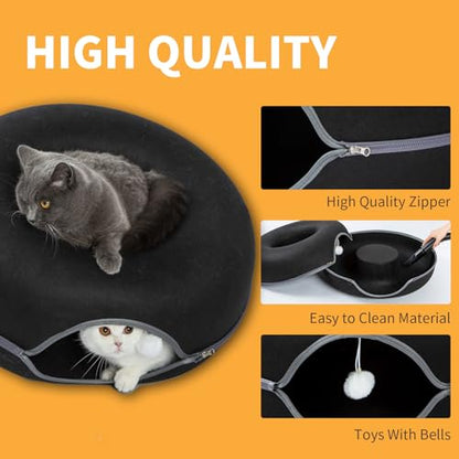 Peekaboo Cat Tunnel for Large Cats up to 30 lbs, Features A Jingle Ball, Removable and Washable Tunnel Bed, and a Cozy Donut Tunnel (Black, 24 Inches) - color: Black