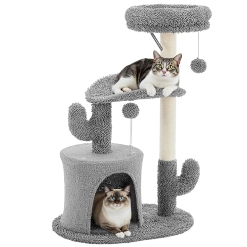 DUMOS 33-inch Cat Tree Tower for Indoor Cats, Small Cat Scratching Post with Curved Bed, Cat Tree with Cat Condo for Adult, Grey - color: Light Grey, size: 33 Inch