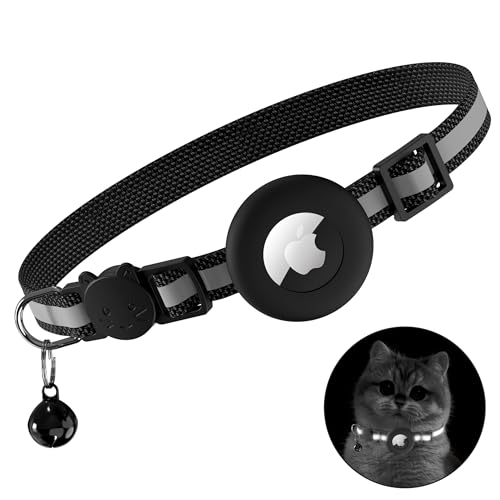 Airtag Cat Collar Breakaway, Adjustable Reflective Kitten Cat Collar with Apple AirTag Holder and Bell for Cats and Puppies (Black) - color: Black