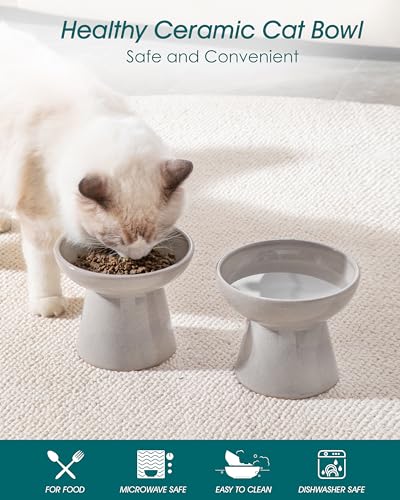 vancasso Ceramic Elevated Cat Bowls 2-Pack - 6.2" Extra Wide Raised Cat Food & Water Dishes, 5.1" Optimal Height Anti-Whisker Fatigue Shallow Bowls for Cats/Kittens/Dogs, Lead & Cadmium Free (Grey) - color: Grey