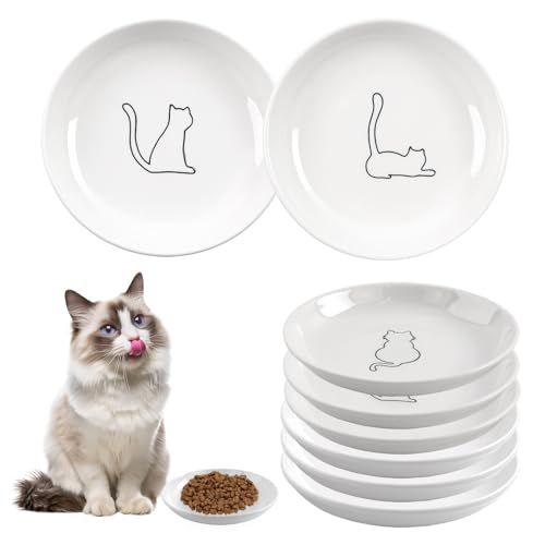 6 Pack Cat Food Bowl, Ceramic Cat Bowls, Anti Whisker Fatigue Cats Bowl Set,5.5 Inches Shallow Wide Kitten Plates for Food and Water (White-B) - color: White-B