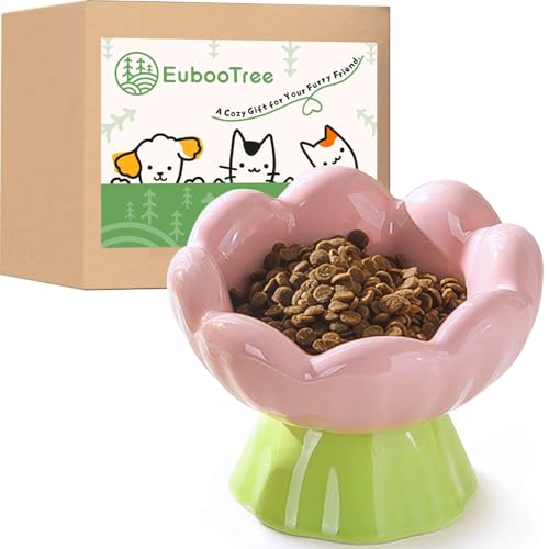 Ceramic Raised Cat Bowl Elevated, Tall & Tilted, Anti-Vomiting, Non-Slip, Cute Flower Cat Food Bowls for Dry Wet Food and Water, for Small Indoor Cats, Pink - size: Tall Bowl