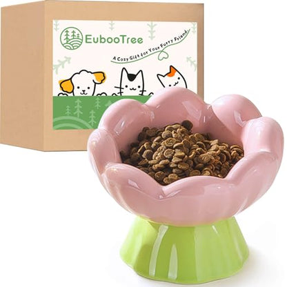 Ceramic Raised Cat Bowl Elevated, Tall & Tilted, Anti-Vomiting, Non-Slip, Cute Flower Cat Food Bowls for Dry Wet Food and Water, for Small Indoor Cats, Pink - size: Tall Bowl