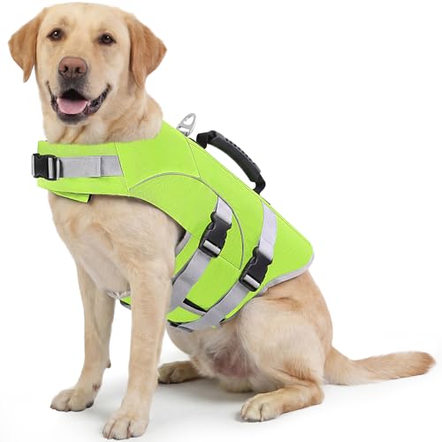 ASENKU Dog Life Jacket for Swimming & Boating, High Buoyancy Dog Life Vest with Rescue Handle, Reflective & Adjustable Fit for Small to Large Dogs (Neon Green, 2XL) - color: Neon Green, size: Xx-large