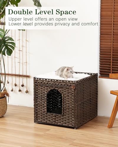 SETVSON Cat Litter Box Enclosure Furniture, Large Hidden Litter Box Furniture, Handwoven Rattan Cat House Cabinet, One Mat, Two S-Shaped Hooks, Living Room, Apartment 21.6 X 26 X 21.6 Inches, Brown - color: Brown, size: XL
