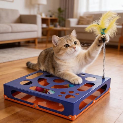 2026 New Metal Cat Scratch Puzzle Enrichment Box,cat Puzzle, 1 Spring-Loaded Colorful Feather Stick with a Bell,No Assembly Required, All Cats Indoor Play Toy - color: Klein Blue