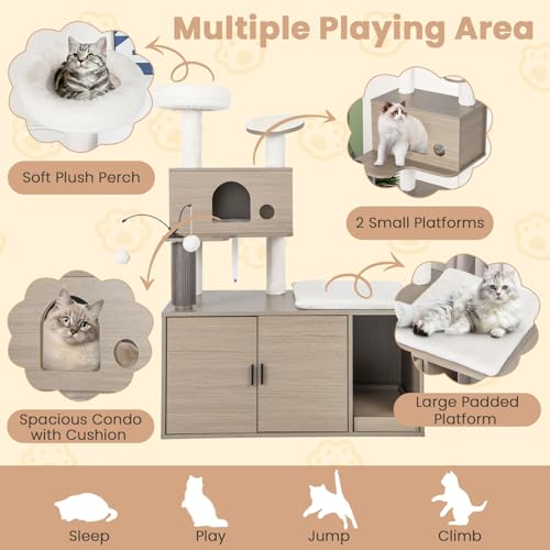 Tangkula Cat Tree with Litter Box Enclosure, Cat Tower with Litter Box, Cat Condo, Scratching Board, Soft Plush Perch, Dangling Balls, Groomer, Modern Hidden Litter Box Furniture for Indoor Cats