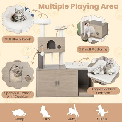 Tangkula Cat Tree with Litter Box Enclosure, Cat Tower with Litter Box, Cat Condo, Scratching Board, Soft Plush Perch, Dangling Balls, Groomer, Modern Hidden Litter Box Furniture for Indoor Cats