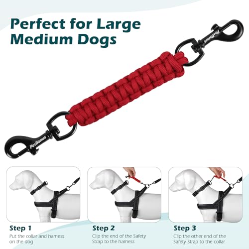 Dog Collar Safety Clip, Handmade Backup Safety Strap for Dog Harness, Prong, Pinch Collar, Double Ended Clasp Leash Connector (Red) - color: Red
