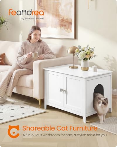 Feandrea Cat Litter Box Enclosure, Modern Hidden Cat Litter Box Furniture, Double Doors, Handles, Indoor Pet House Washroom, Living Room Side End Table, Cloud White UPCL015WB01