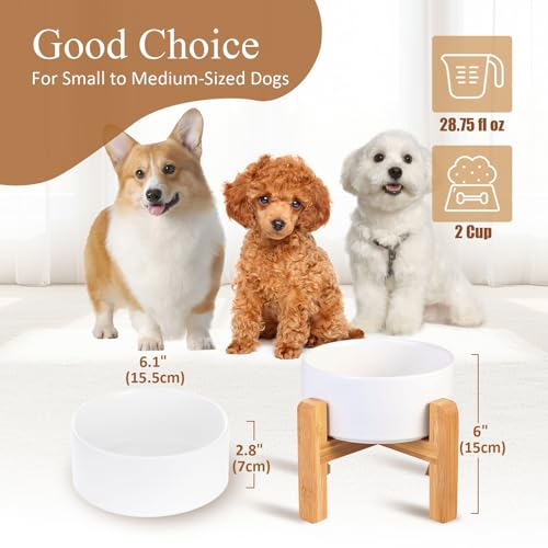 Ceramic Elevated Raised Cat Bowl with Wood Stand No Spill Pet Food Water Feeder Cats Small Dogs - color: White, size: Medium Dog Bowls 850ML*1
