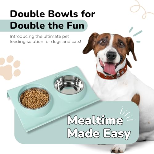Double Dog Food Bowls Stainless Steel - Puppy Food and Water Bowl Set with Weighted Non-Slip Base - Non-Skid Design - Dog Bowl Set for Puppy Cats Kitten Small Medium Dogs - Blue - color: Blue