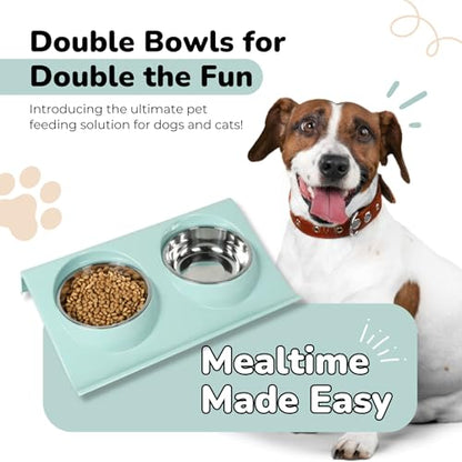Double Dog Food Bowls Stainless Steel - Puppy Food and Water Bowl Set with Weighted Non-Slip Base - Non-Skid Design - Dog Bowl Set for Puppy Cats Kitten Small Medium Dogs - Blue - color: Blue