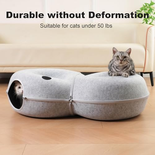 8-Shaped Large Cat Tunnel Bed for Indoor Cats, Infinite Circulation Peekaboo Cat Cave with 12 Toy Balls, Cat Donut Tunnel for Cats up to 30 Pounds (Light Grey, L 38x24x11in) - color: Light Grey