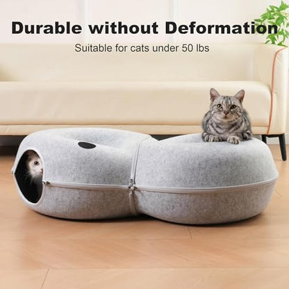 8-Shaped Large Cat Tunnel Bed for Indoor Cats, Infinite Circulation Peekaboo Cat Cave with 12 Toy Balls, Cat Donut Tunnel for Cats up to 30 Pounds (Light Grey, L 38x24x11in) - color: Light Grey