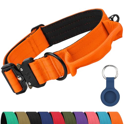 Joytale Tactical Dog Collar for Large Dogs with Control Handle, Heavy Duty Military Training Collar for Power Breeds, AirTag Holder Case, Quick Release Metal Buckle, Soft Padded, L, Orange - color: Orange, size: L-1.5"×17-23"