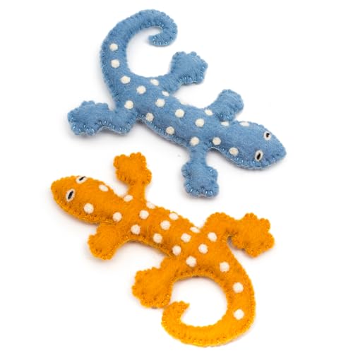 Glaciart One Felt Lizard Cat Toy – 2 Pcs | Soft Fuzzy Enrichment 100% Natural Wool - Interactive Catnip Play Cat Toy Set - Safe for Pets, Non-AZO Colored Dyes - color: Lizards (Blue and Orange)