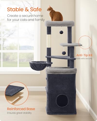 Feandrea Cat Tree, 60-Inch Cat Tower, Multiple-Level Plush Condo with 2 Caves, 3 Scratching Posts, 3 Perches, Dark Gray UPCT007G02 - color: Dark Gray
