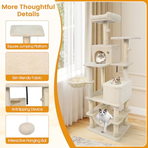 PETSITE 66 Inches Tall Cat Tree, Multi-Level Cat Tower with Sisal Scratching Posts, Side Basket, 2 Comfy Condos, Hammock, Soft Padded Top Perch, and Hanging Balls, Ideal for Indoor Cats (Beige) - color: Beige