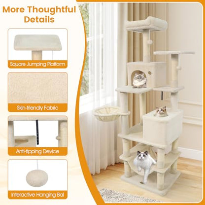 PETSITE 66 Inches Tall Cat Tree, Multi-Level Cat Tower with Sisal Scratching Posts, Side Basket, 2 Comfy Condos, Hammock, Soft Padded Top Perch, and Hanging Balls, Ideal for Indoor Cats (Beige) - color: Beige